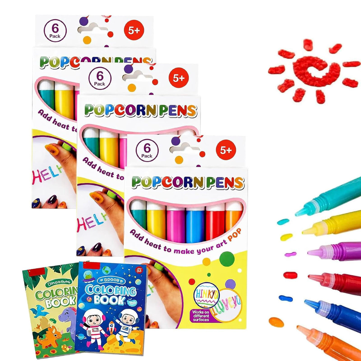 Puffy Popcorn Pens 3D Art,DIY Bubble Popcorn Drawing Pen with 6 Colors,Dries with Fun Texture for Drawing Coloring Crafts Art Projects and Classroom