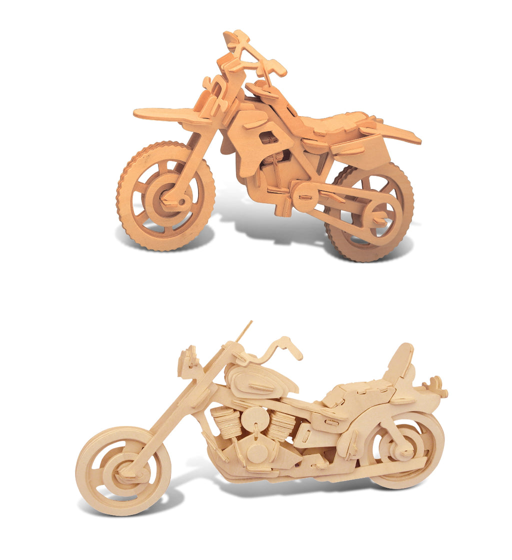 Puzzled Bundle of Dirt Bike & Motorcycle Wooden 3D Puzzles Construction Kits - Fun & Educational DIY Motorcycles Toys, Assemble Model Unfinished Wood Craft Hobby Puzzles to Build & Paint - 2 Pack