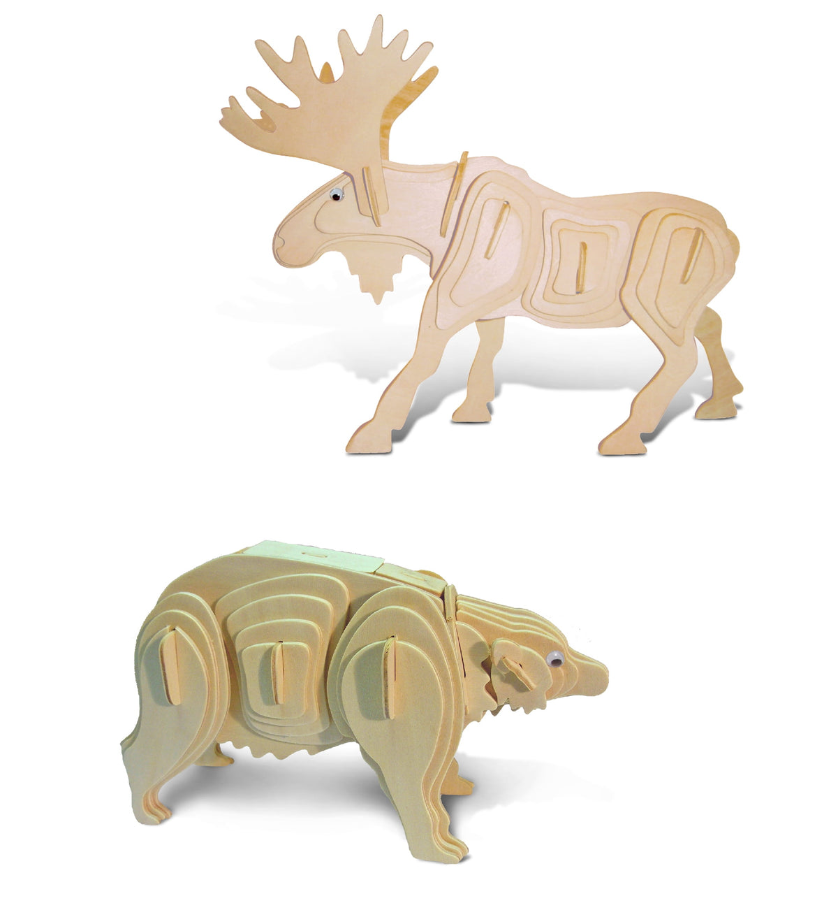 Puzzled Bundle of Moose and Black Bear Wooden 3D Puzzle Construction Kits, Fun Unique & Educational DIY Wild Animals Toys Assemble Model Unfinished Wood Craft Hobby Puzzles to Build & Paint - 2 Pack