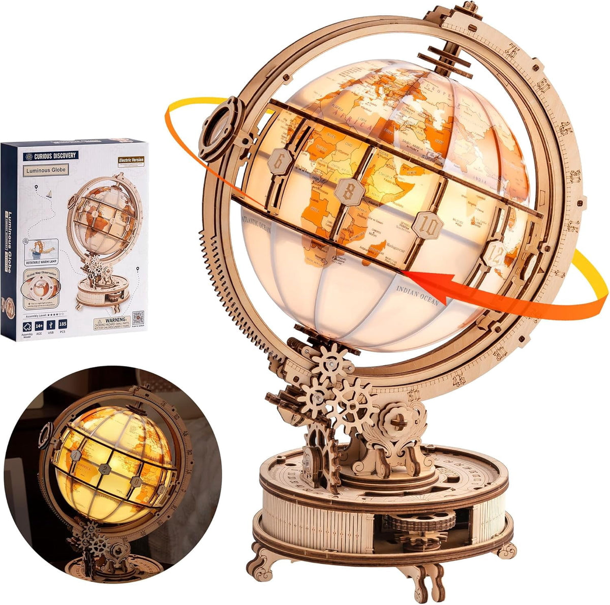 Robotime Illuminated Rotating Globe Wood 3D Puzzle with Night Light, Creative Gift For Adults & Teens 14+, 185 Pieces