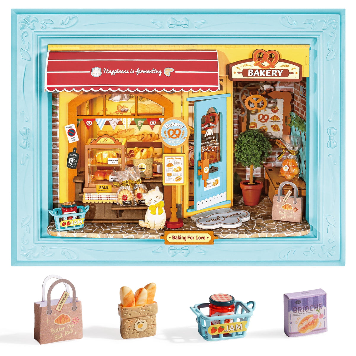 ROBOTIME 3D Wooden Puzzle, Wall-Mountable Tiny Home Creative Frame, Holiday Home Decor Craft Kits, Christmas Birthday Gifts for Adults Teens(Fluffy Cat Bakery)