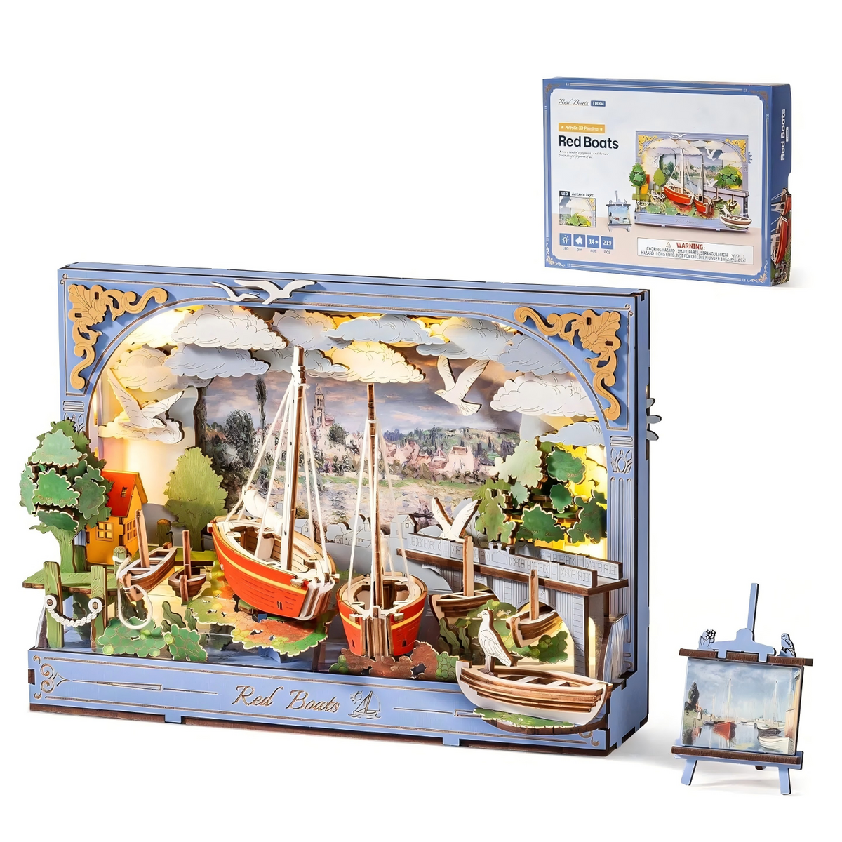 ROBOTIME Red Sailboat 3D Wooden Puzzle with Moving Gears & LED, Tabletop Decor & Wall Hanging Art, Gift for Adults & Teens 14+, 219 Pcs