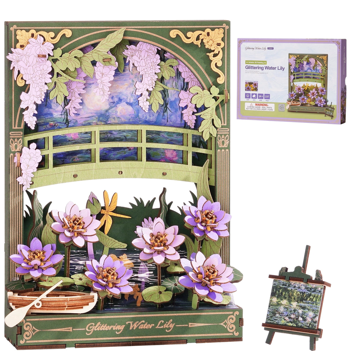 ROBOTIME Water Lily 3D Puzzle Building Set with LED, Wooden Flower Model Craft Kits for Adults to Build, Hangable DIY Construction Art Painting Wall Decor, Gifts for Adults Teens