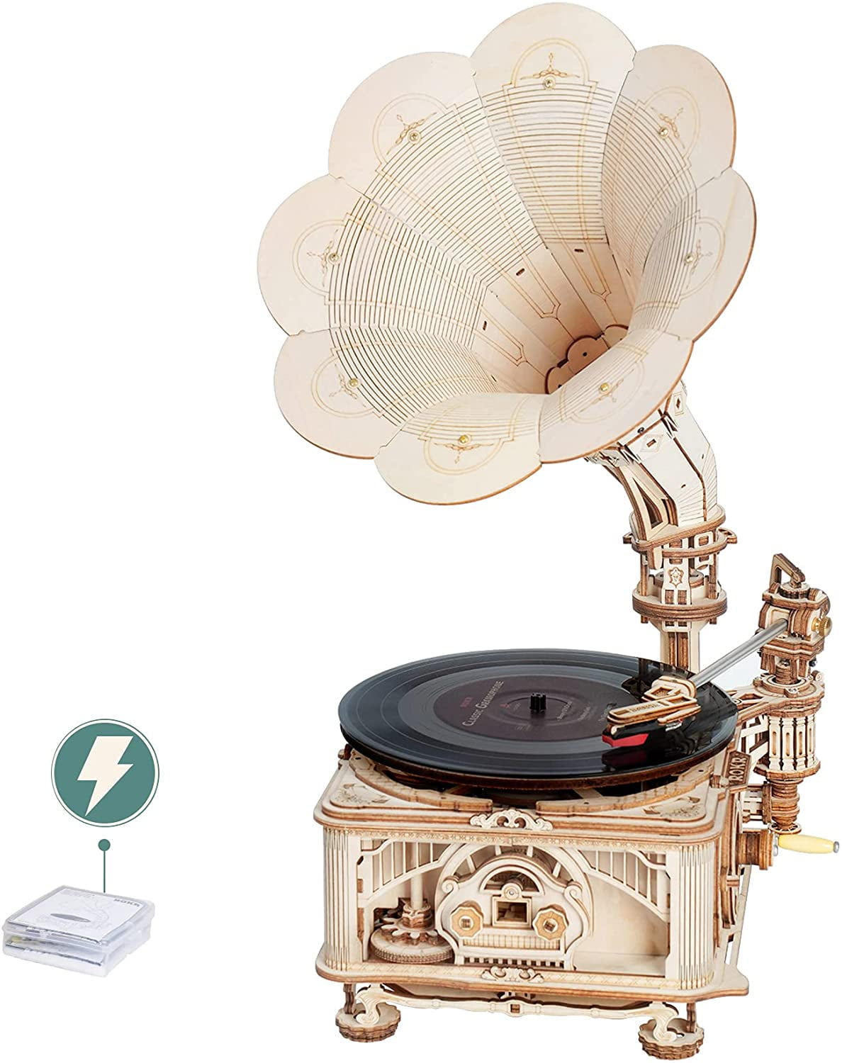ROKR 3D Wooden Puzzle Automatic Gramophone Model Kits Electric Mode Self-Assembly Record Player Support 7"/10" Vinyl Premium Gifts Home Decor