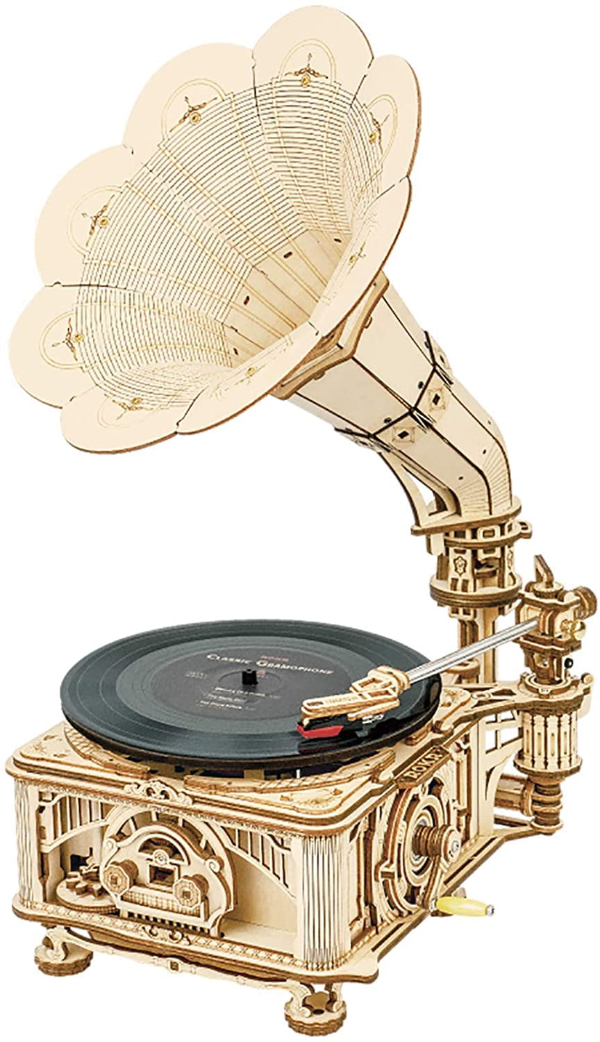 ROKR 3D Wooden Puzzle Automatic Gramophone Model Kits Electric Mode Self-Assembly Record Player Support 7"/10" Vinyl Premium Gifts Home Decor