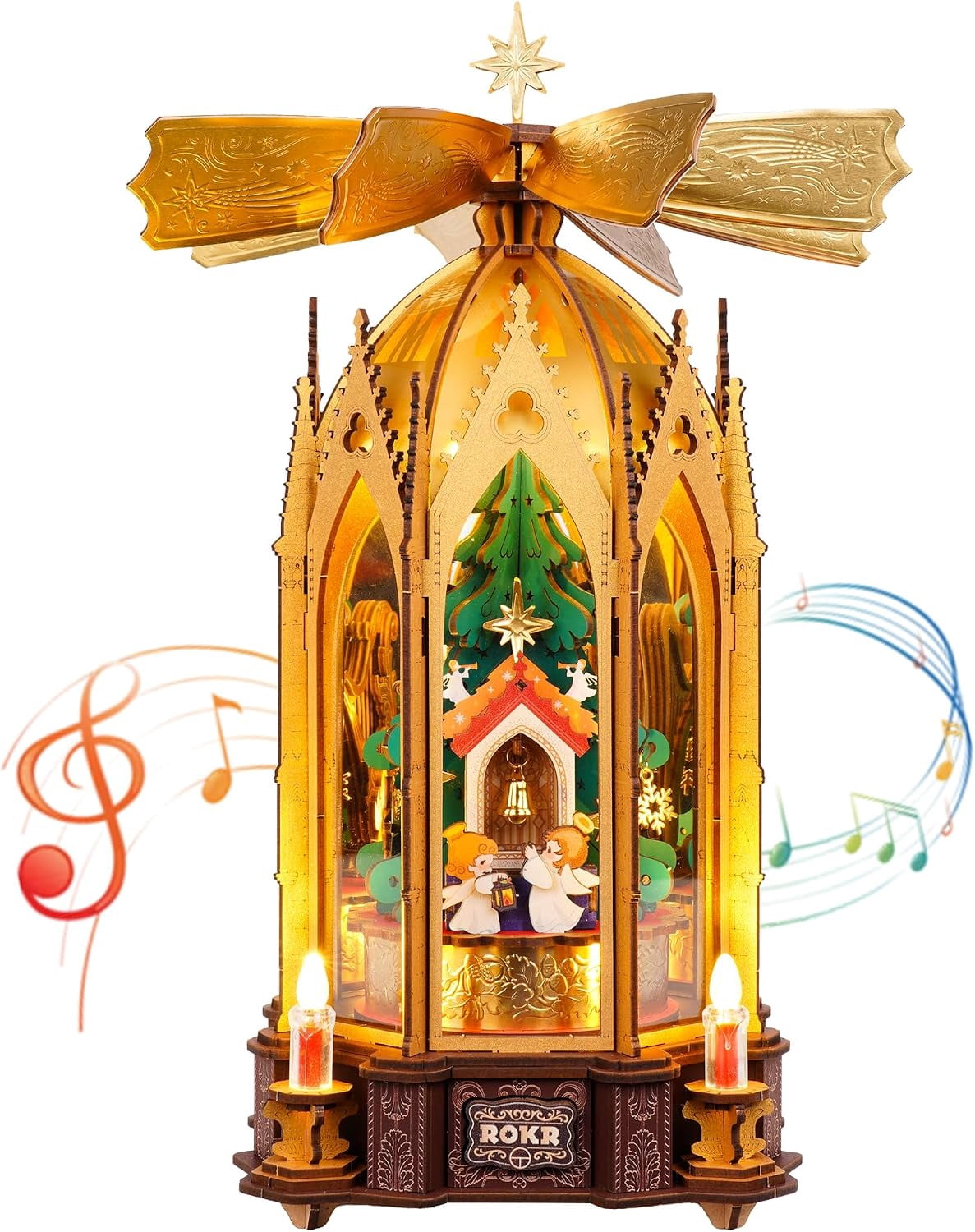 ROKR Blessed Christmas Pyramid, 3D Wooden Puzzle with Rotating Rotor and Candle Powered Movement, 263-Piece DIY Holiday Decor Model for Adults Xmas Gift