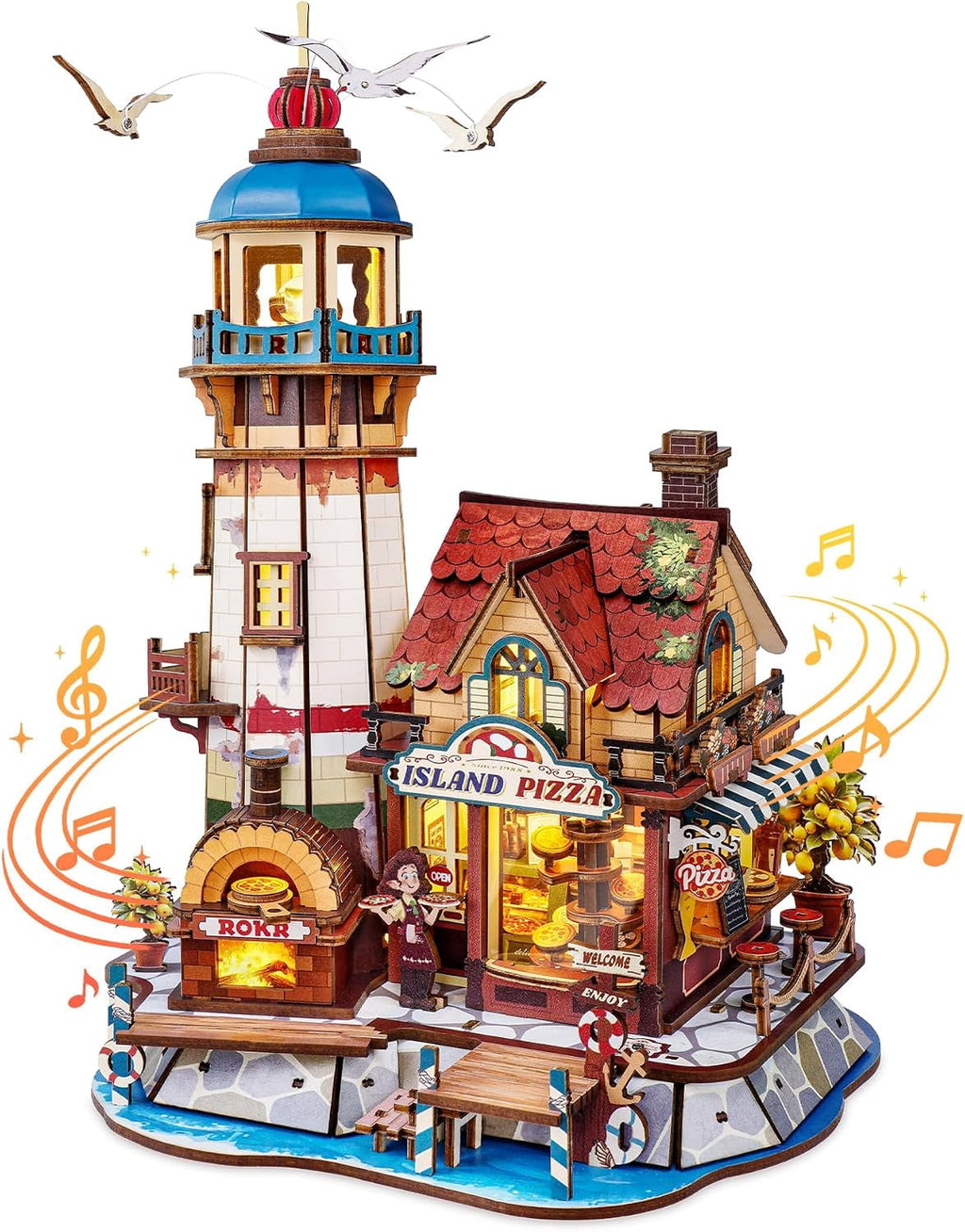 ROKR Chillbay Pizzeria DIY Music Box, Mechanical 3D Wooden Puzzle with Rotating Parts and LED Lights, Pizza Shop Model for Adults
