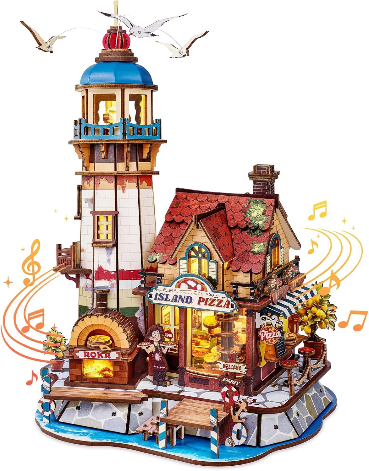ROKR Chillbay Pizzeria DIY Music Box, Mechanical 3D Wooden Puzzle with Rotating Parts and LED Lights, Pizza Shop Model for Adults