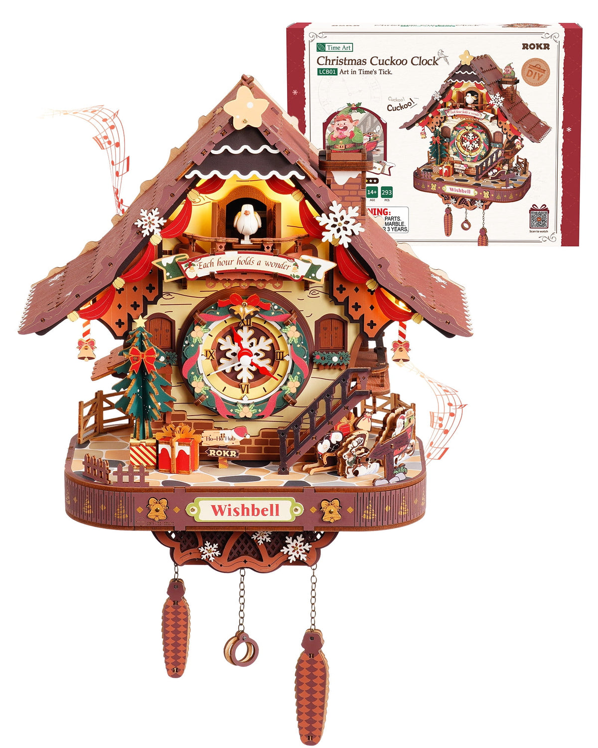 ROKR Christmas Cuckoo Clock, Wooden 3D Puzzle Mechanical Model Kit with LED Light and Moving Parts, Holiday Home Decor Display Xmas Gift for Adults