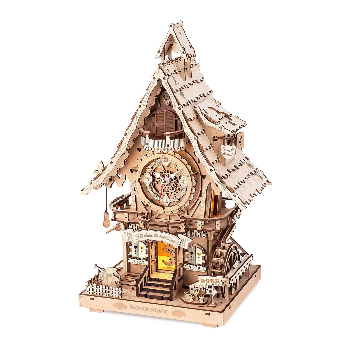 ROKR Cuckoo Clock 3D Wooden Puzzle Kit, Mechanical Clock Model with Moving Pendulum and LED Light, Colorful DIY Craft Decor Xmas Gift Toy for Adults