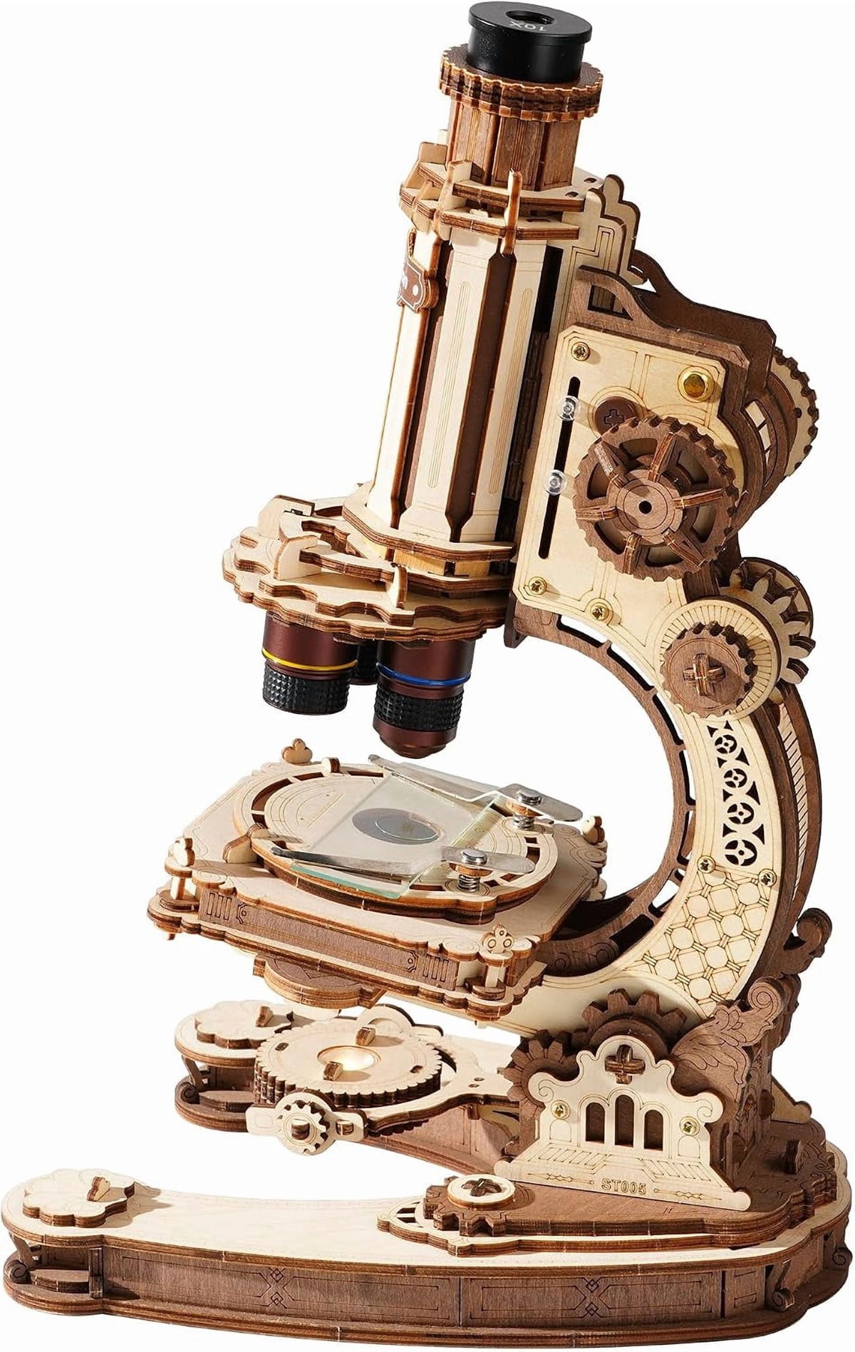 ROKR Functional Wooden Microscope 3D Puzzle Kit, 260-Piece Mechanical Model with 40X, 100X and 400X Magnification, LED Light and Adjustable Focus for Ages 14+
