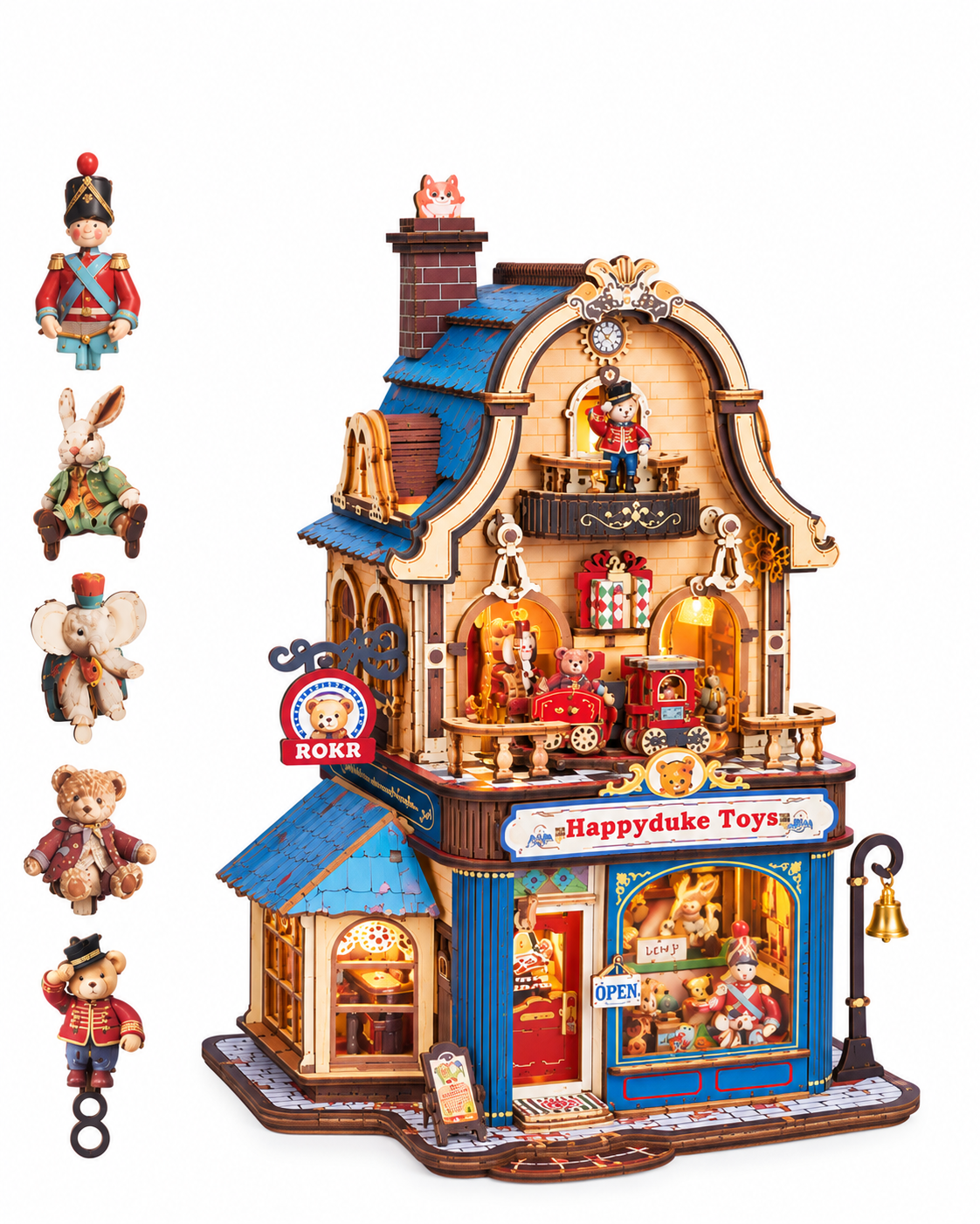 ROKR Happyduke Toys Moving Wooden 3D Puzzle Model Kit, 305-Piece Toy Shop Miniature House with Music Box, Warm LED Light for Adults and Teens