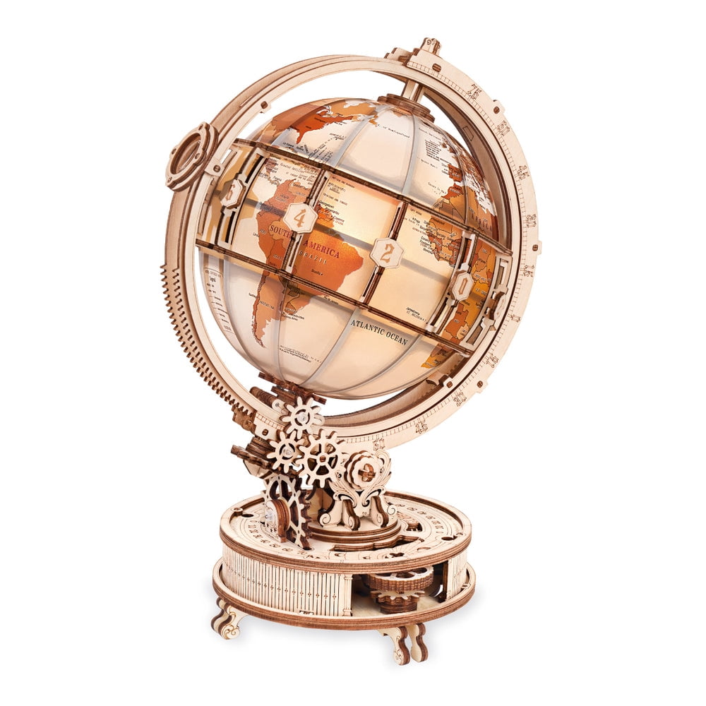 ROKR Luminous Globe 3D Wooden Puzzle for Adults, Electric Rotating Illuminated Globe with Stand, 180-Piece DIY Model Building Kit with LED Light, Home Office Desk Decor Birthday Gift
