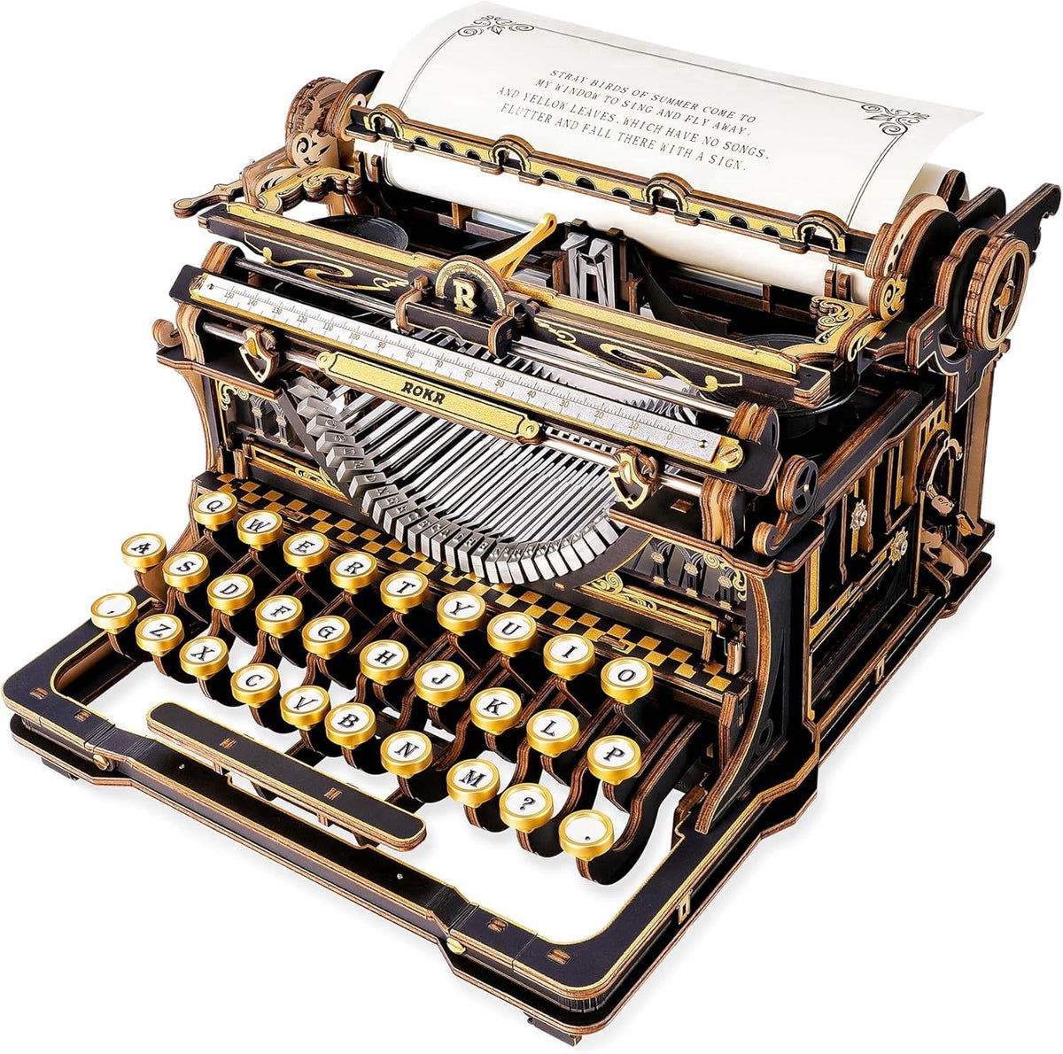 ROKR Vintage Typewriter 3D Wooden Puzzle Kit Mechanical Model with Moving Keys and Paper Roller, Retro Desktop Decor Craft for Adults