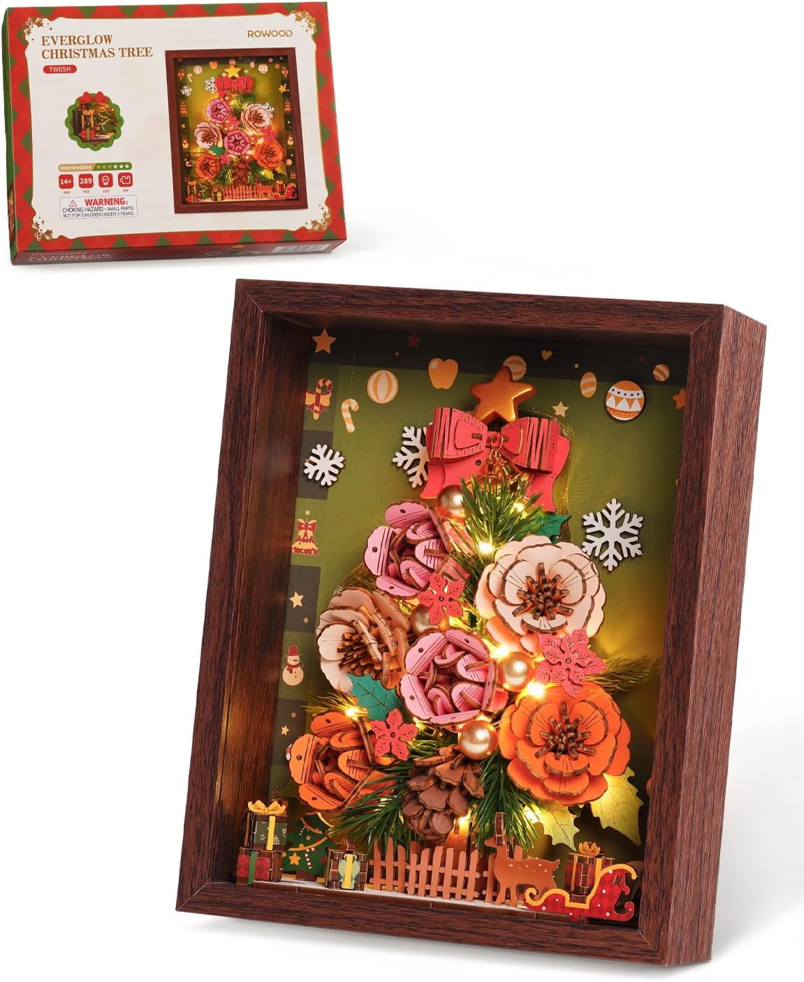 ROWOOD Everglow Christmas Tree, Flower 3D Wooden Puzzle with LED Lights, DIY Holiday Botanical Decoration for Adults Xmas Gift