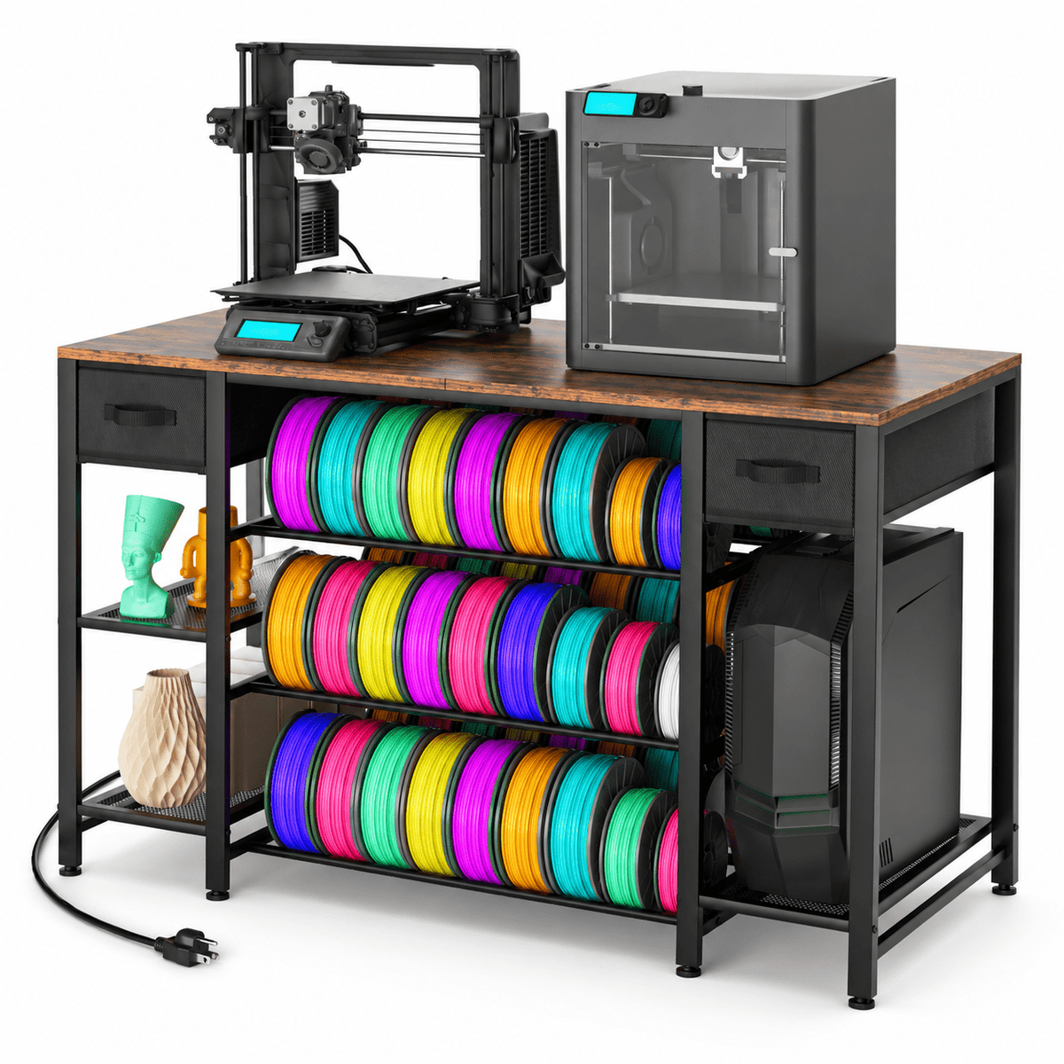 Rectangular Brown Heavy Duty Metal 3D Printer Table with Storage Drawer and Power Hub