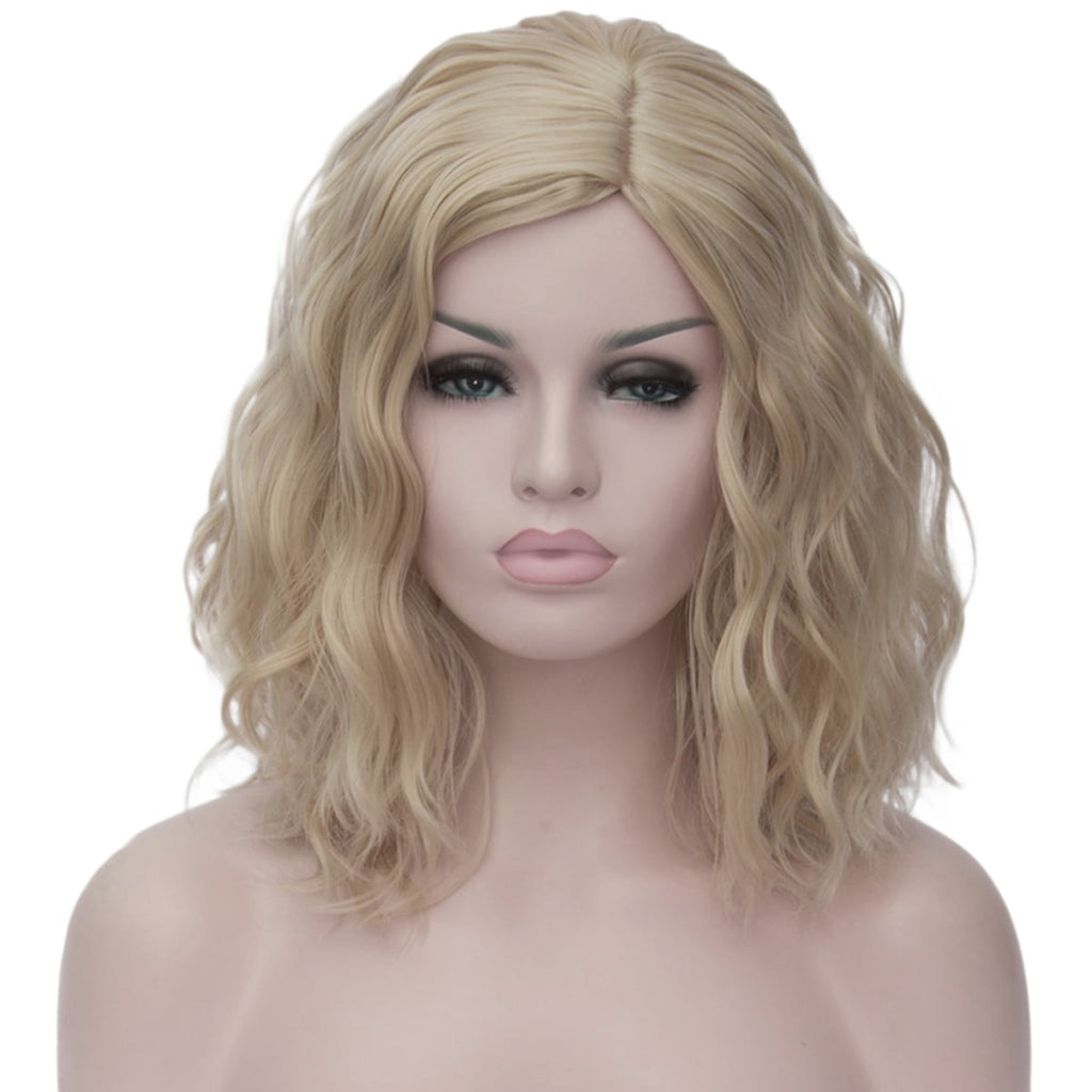 RightOn Blonde Wig for Women Short Curly Wavy Bob Wig Light Blonde Wig Synthetic Wigs with Wig Cap