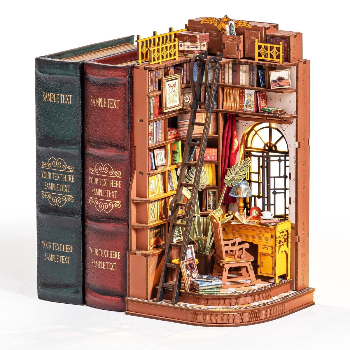 Robotime 3D Puzzle Book Nook Kit, Diy Wooden Miniature House with LED Light, Silent Corner Study