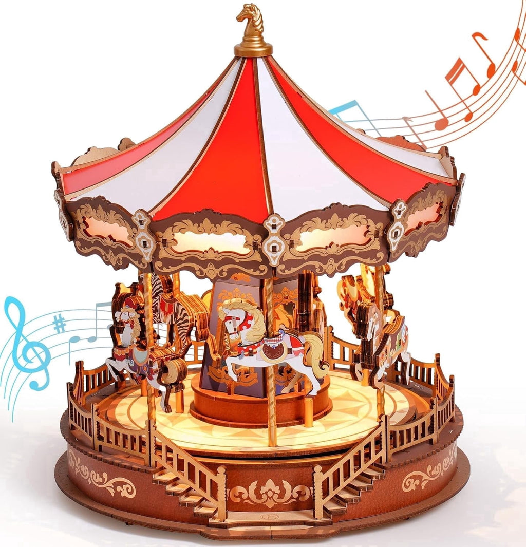 Robotime Classic Carousel Dreamer 3D Puzzle Music Box, DIY Wooden Building Model Kits,Christmas Birthday Gift for Kids Girls Adults