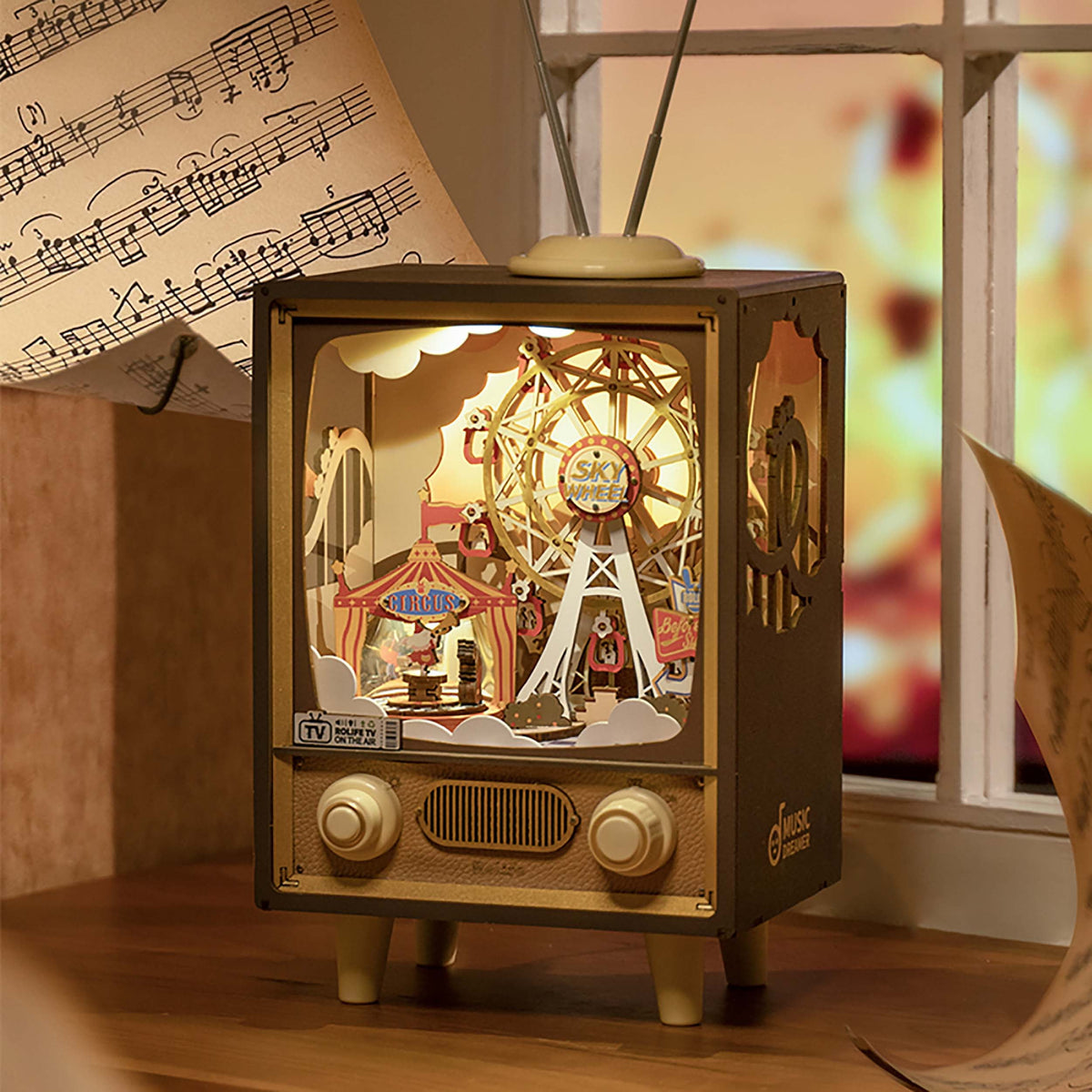 ROBOTIME Sunset Carnival 3D Wooden Puzzle Music Box,DIY Tiny House Model Craft Kits for Bookends Bookshelf Decor,Gifts for Teens Adults Boys Girls