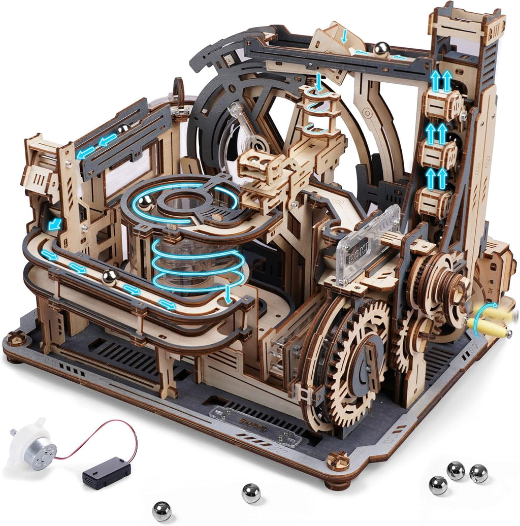 Robotime Wooden 3D Puzzles for Adults, Motorized Marble Machine Model Kit,Stem Building Kit