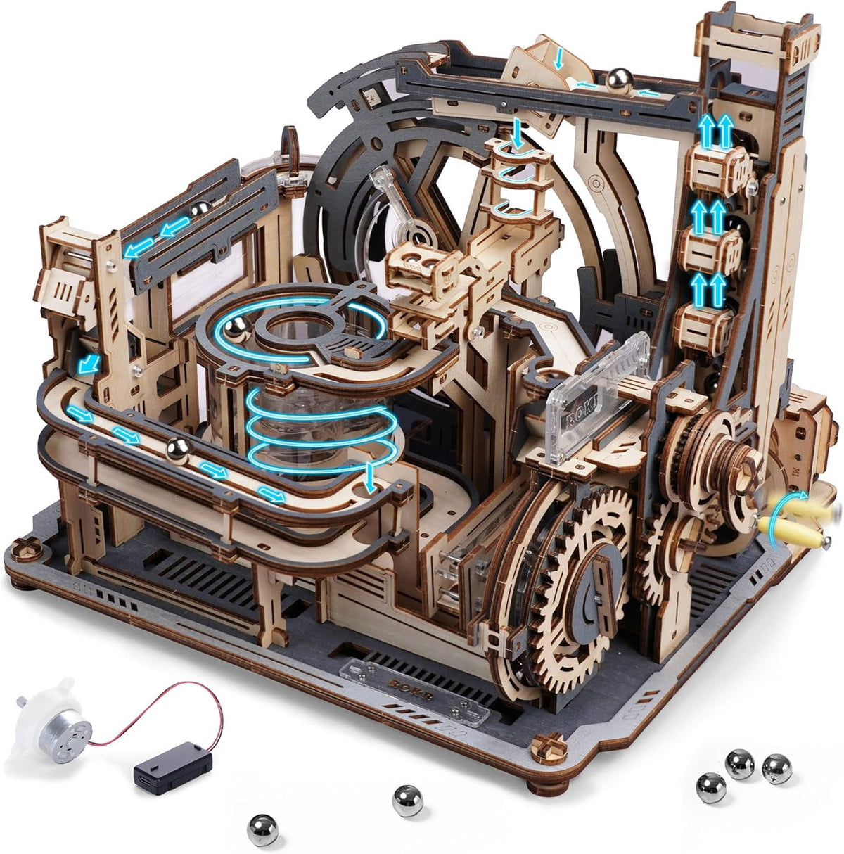 Robotime Wooden 3D Puzzles for Adults, Motorized Marble Machine Model Kit,Stem Building Kit