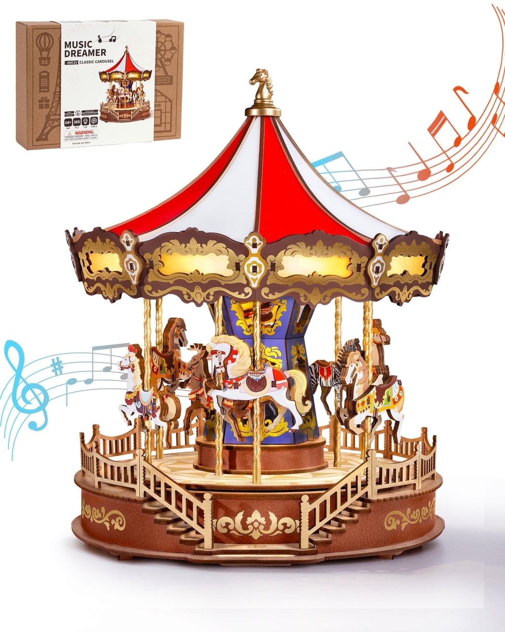 Rolife 3D Puzzles Music Box DIY, Classic Carousel Dreamer, Wooden Building Model Kits Xmas Birthday Gift for Kids Girls Adults