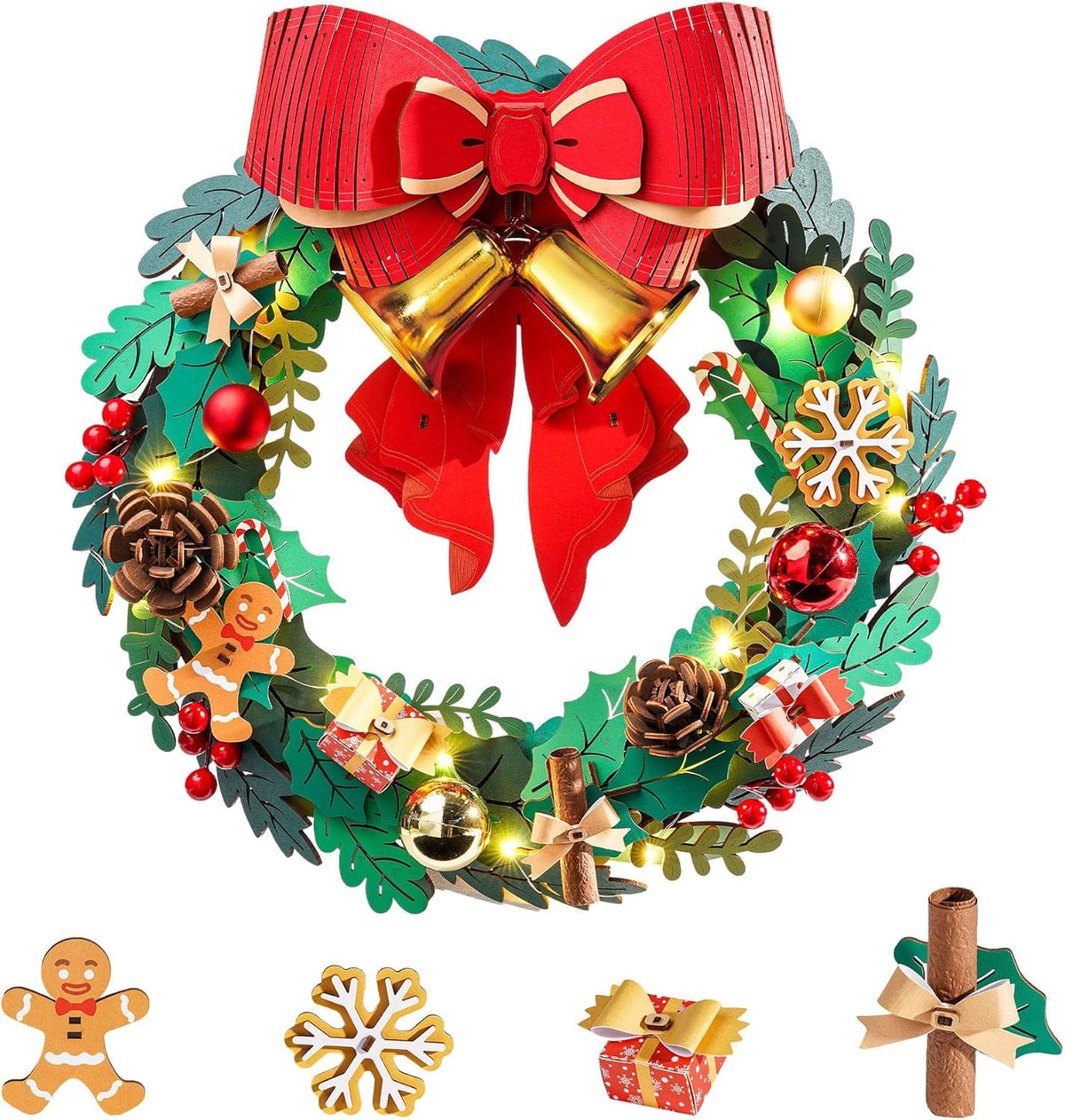 Rolife Christmas Wreath 3D Wooden Puzzle, DIY Holiday Decor with Red Bow, Pine Cones, Berries & Bells, Hanging Ornament for Door Window Fireplace, Creative Gift for Adults Family