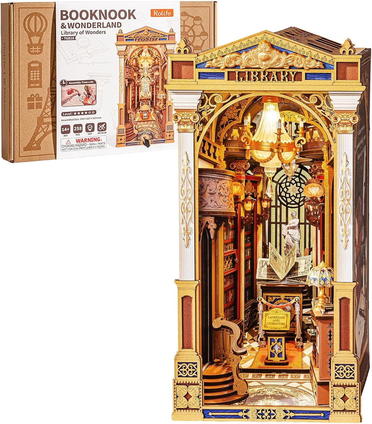 Rolife Library of Wonders 3D Puzzle Book Nook Kit, 10.4" Baroque Bookshelf Insert with Dual LED Lights, DIY Craft for Adults