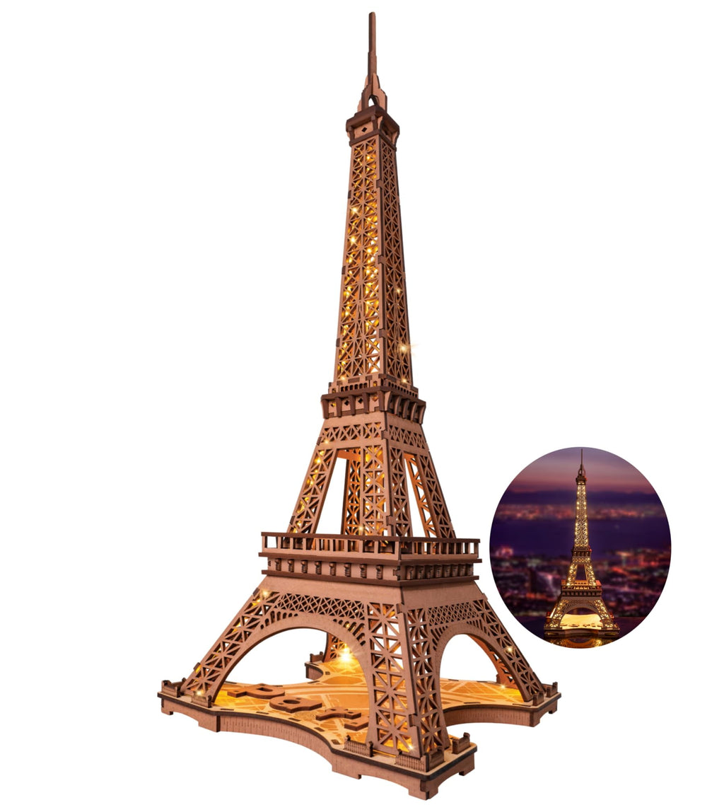 Rolife Night of the Eiffel Tower 3D Wooden Puzzle,Craft Kits With Lights Architecture Construction Model for Teens Adult
