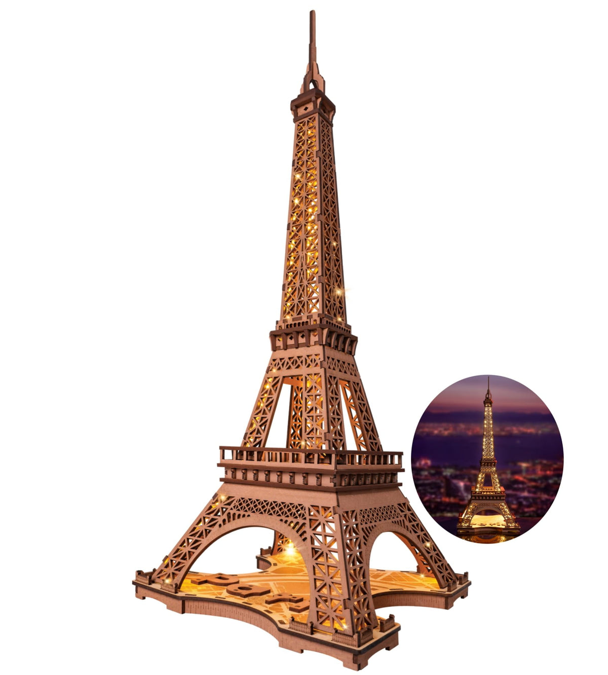 Rolife Night of the Eiffel Tower 3D Wooden Puzzle,Craft Kits With Lights Architecture Construction Model for Teens Adult