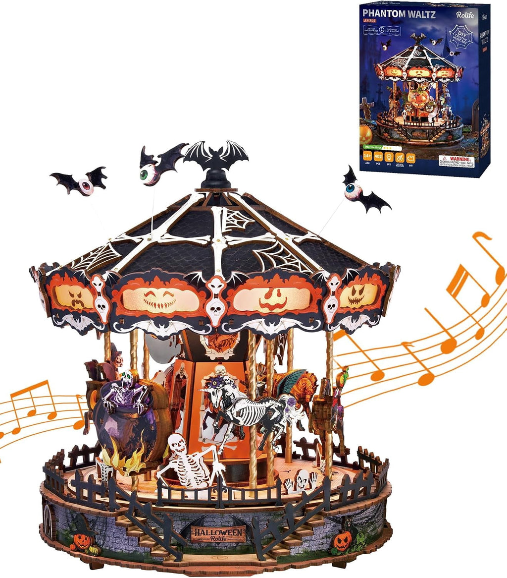 Rolife Phantom Waltz DIY Music Box, 3D Wooden Puzzle with Rotating Halloween Carousel, LED Lights and Music for Adults