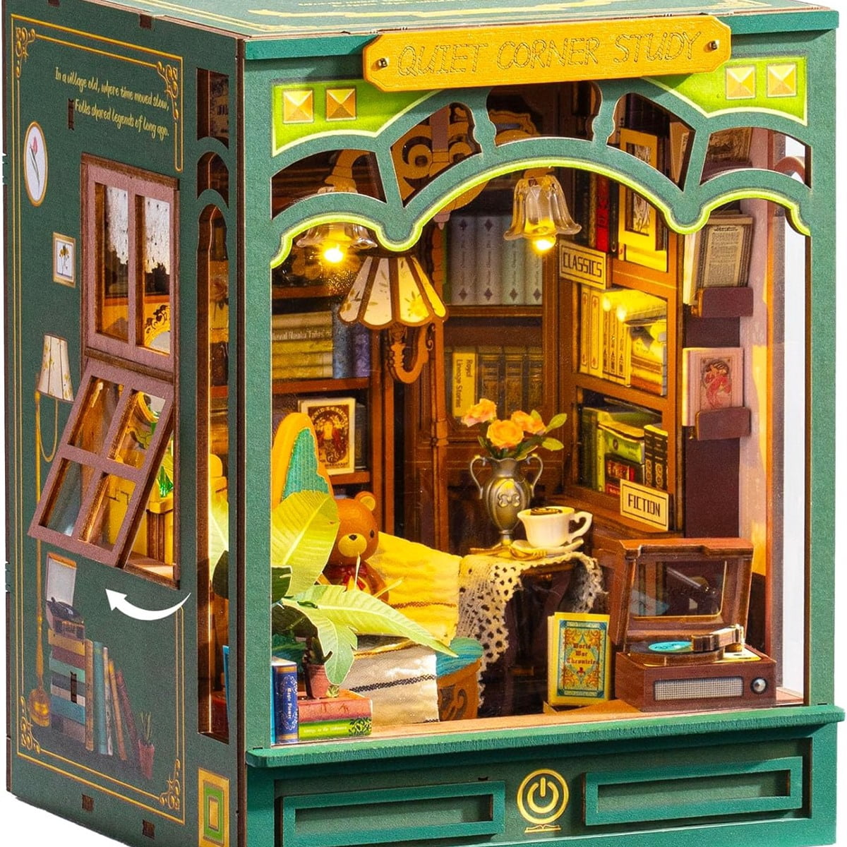 Rolife Quiet Corner Study Diy Book Nook Kit, 3D Wooden Puzzle with Led Light and Openable Window, Bookshelf Decor for Adults