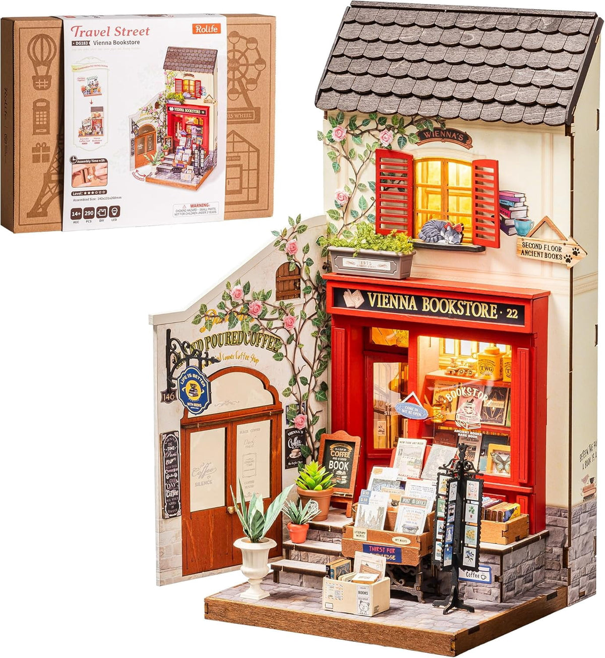 Rolife Vienna Bookstore DIY Miniature House Kit, 3D Wooden Puzzle Bookshelf Decor, Craft Model Building Set for Teens Adults, Creative Home Desk Decor Gift for Book Lovers