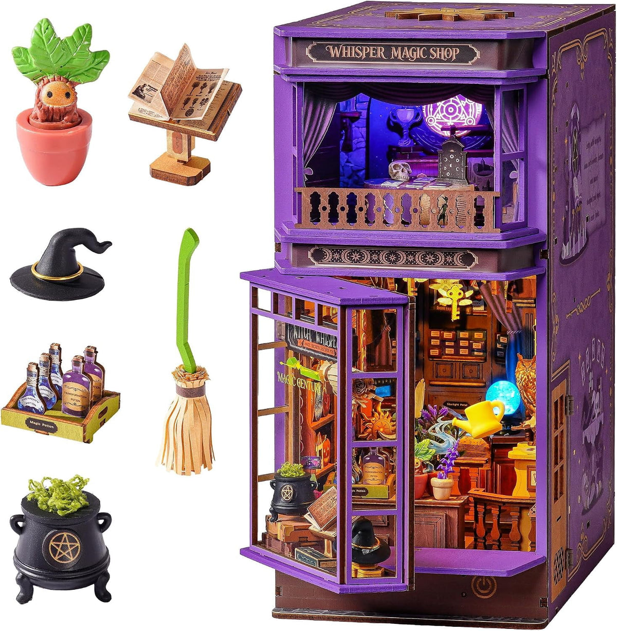 Rolife 442 Pieces Whisper Magic Shop with LED Light, 3D Wooden Puzzle Bookshelf Insert Decor for Adults and Book Lovers