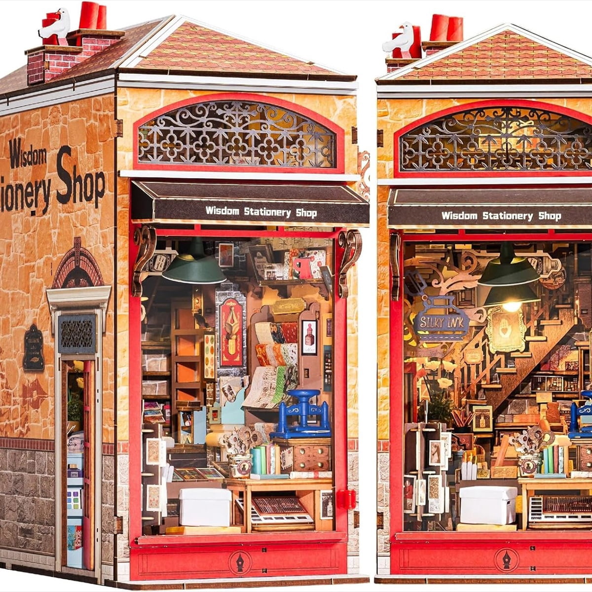 Rolife Wisdom Stationery Shop DIY Book Nook Kit, 472-Piece No-Glue 3D Wooden Puzzle Bookshelf Insert with Two Warm LED Lights and Openable Clear Front Panel for Adults
