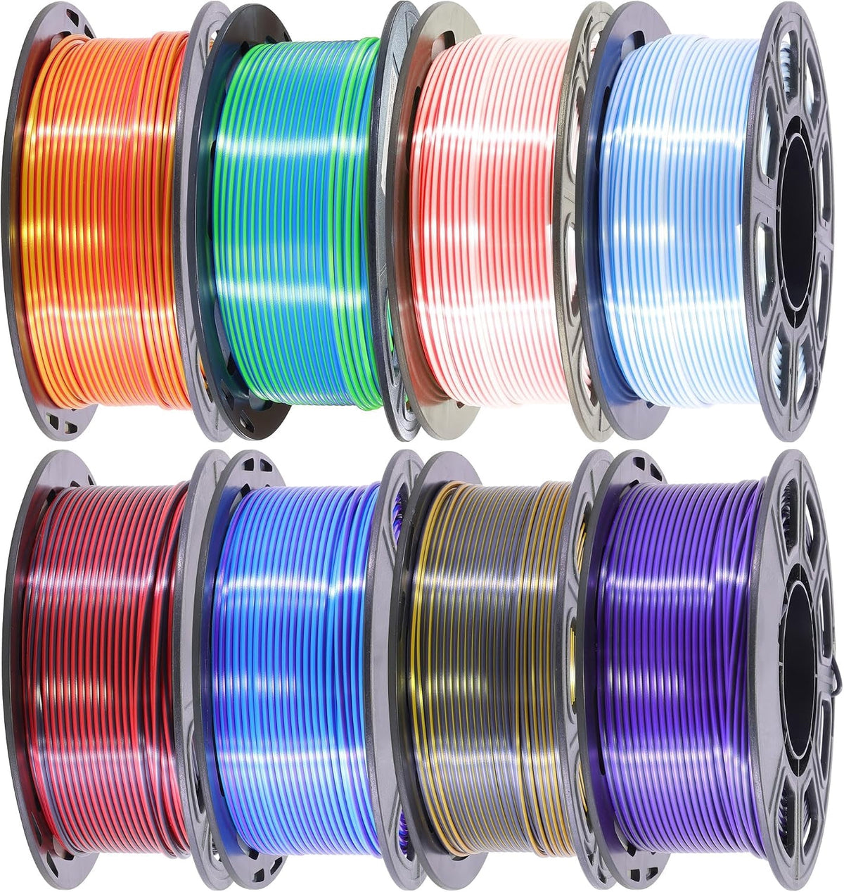 Silk PLA 2 Color in 1 Coextrusion 3D Printer Filament Bundle: White/Red, White/Blue, Blue/Purple, Lime GreenBlue, RedGold, RedBlack, GoldBlack, PurpleBlack, 2Kg Dual Color Silk PLA, 250g x 8