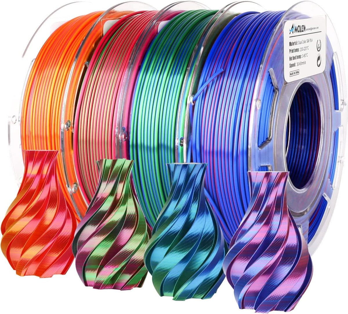 Silk PLA 3D Printer Filament Bundle, 1.75mm Shiny Dual Color Multi-Color Change Filament, 4 Spools 200g Each, Silk 3D Printing Filament for Most FDM 3D Printers