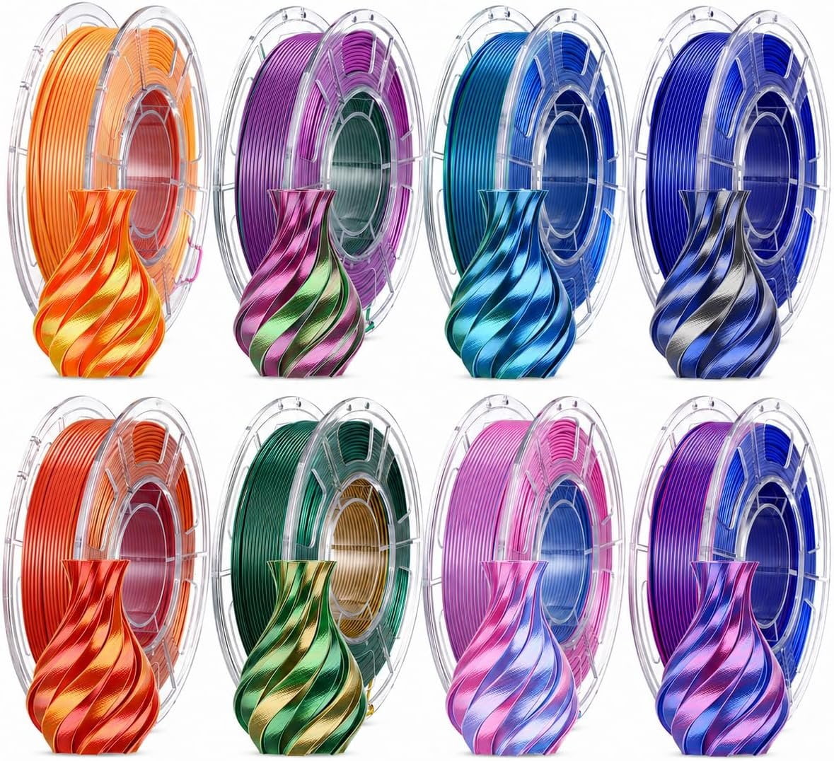 Silk PLA Printer Filament Bundle, Color 8 Rolls, 1.75mm
