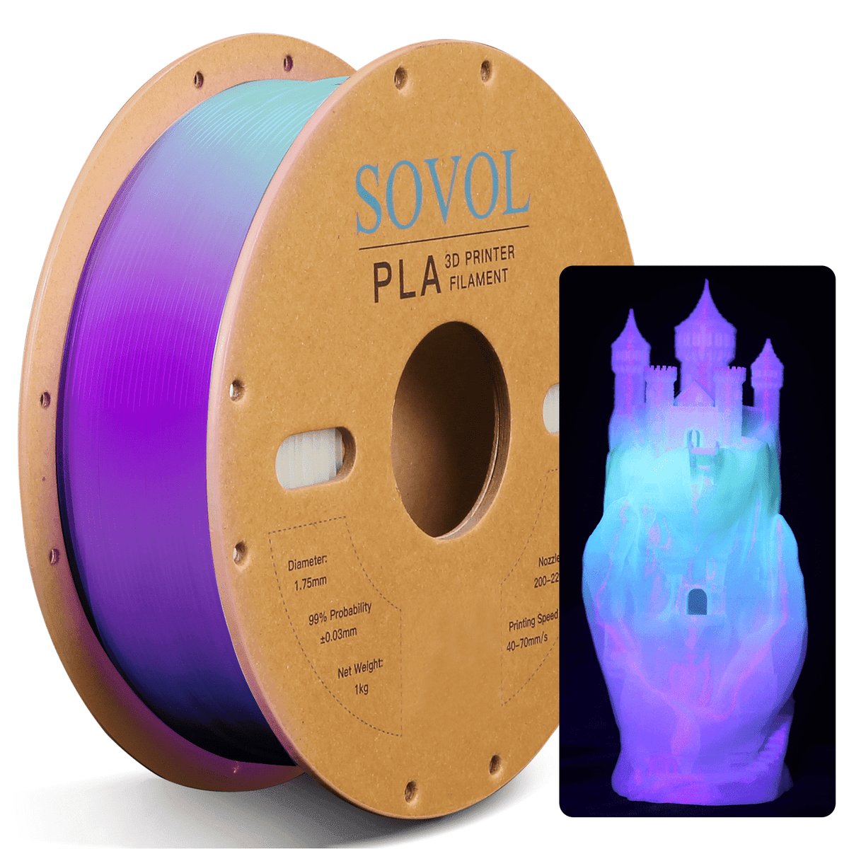 Sovol Silk PLA Filament with Blue Glitter 1kg 1.75mm, Color Changeable 3D Printer Filament 2.2lbs, Chameleon Shiny PLA Material +/-0.03mm, Shimmering 3D Printing Filament, Galaxy Blue
