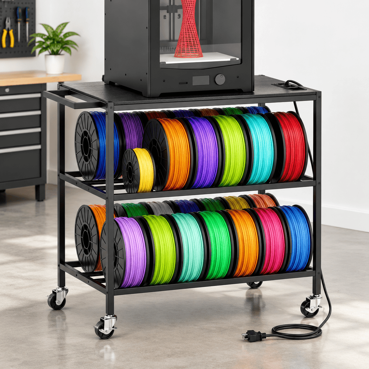 Rectangular Brown Heavy Duty Metal 3D Printer Table with Storage Drawer and Power Hub