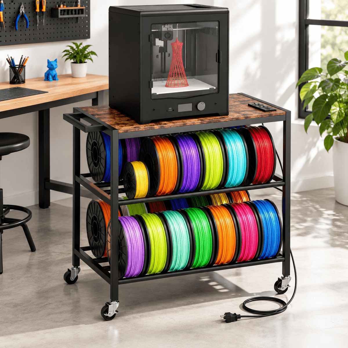 Rectangular Brown Heavy Duty Metal 3D Printer Table with Storage Drawer and Power Hub