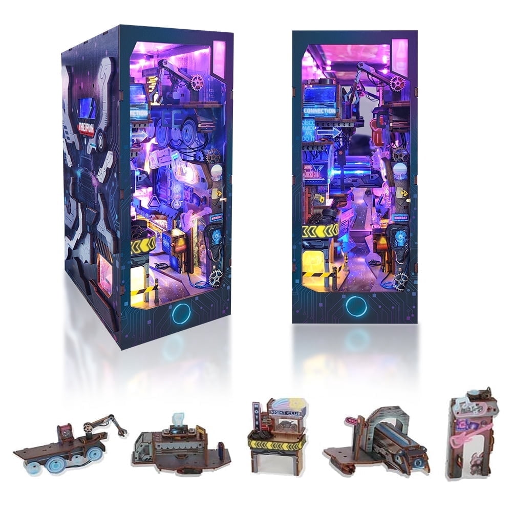Strucwood DIY Book Nook Kit Endless Dimensions Wooden Puzzles with LED Dust Cover,3D Crafts Hobbies Gifts for Adults（SQ-18）