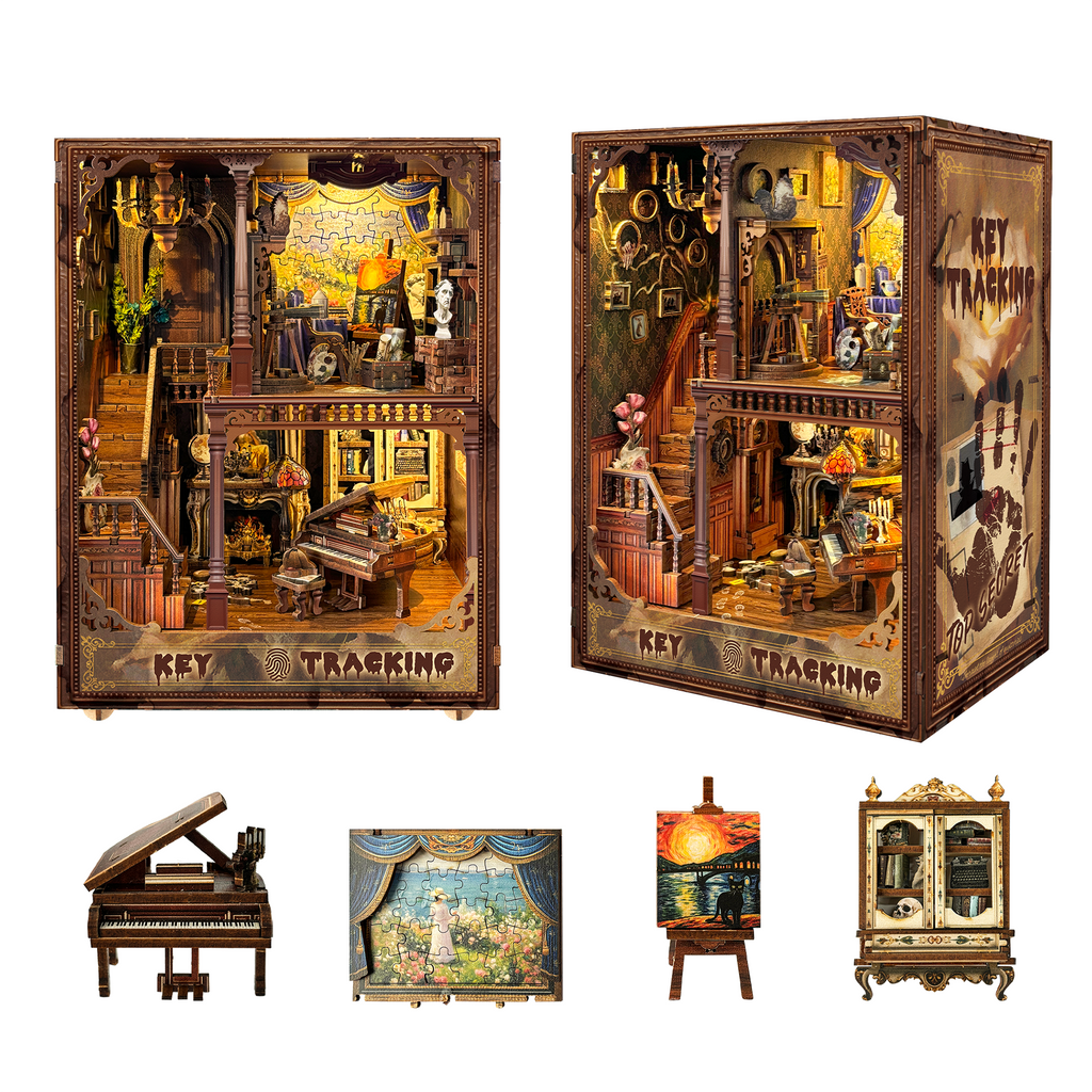 Strucwood DIY Book Nook Kit Key Tracking Wooden Puzzles with LED Dust Cover,3D Crafts Hobbies Gifts for Adults（SQ-31）