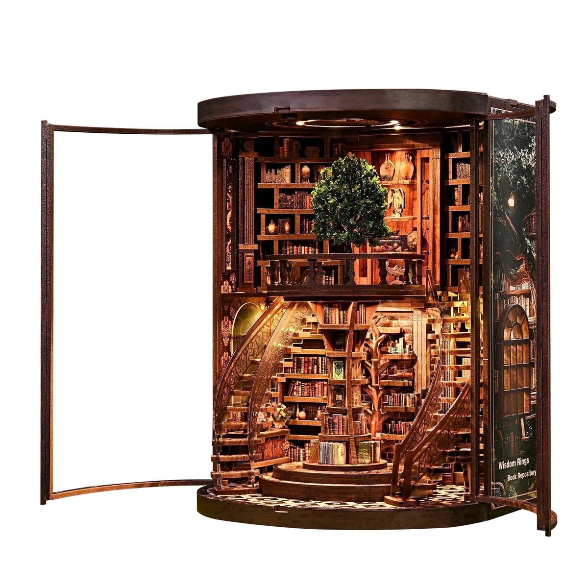 Structwood DIY Book Nook Kit Wisdom Rings Book Repository Wooden Puzzle 3D Miniature Doll House Model with Sensor LED Lights Gift for Adults(AH01-005)