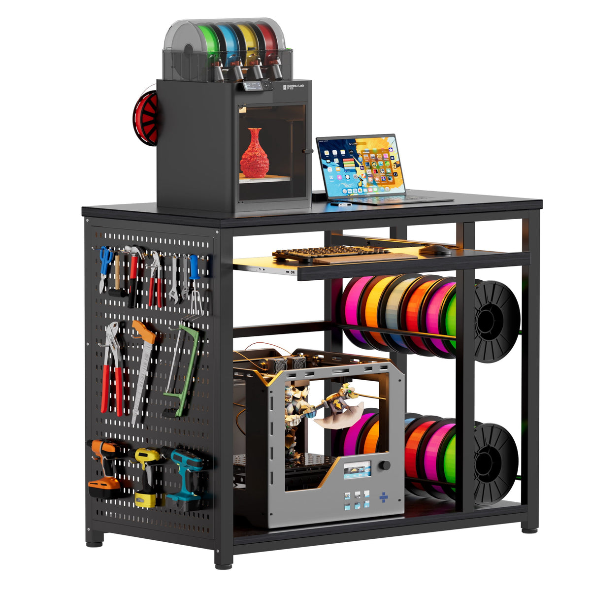 VOXIVEE 3D Printer Stand with Filament Storage Rack,Pegboard,Keyboard Tray