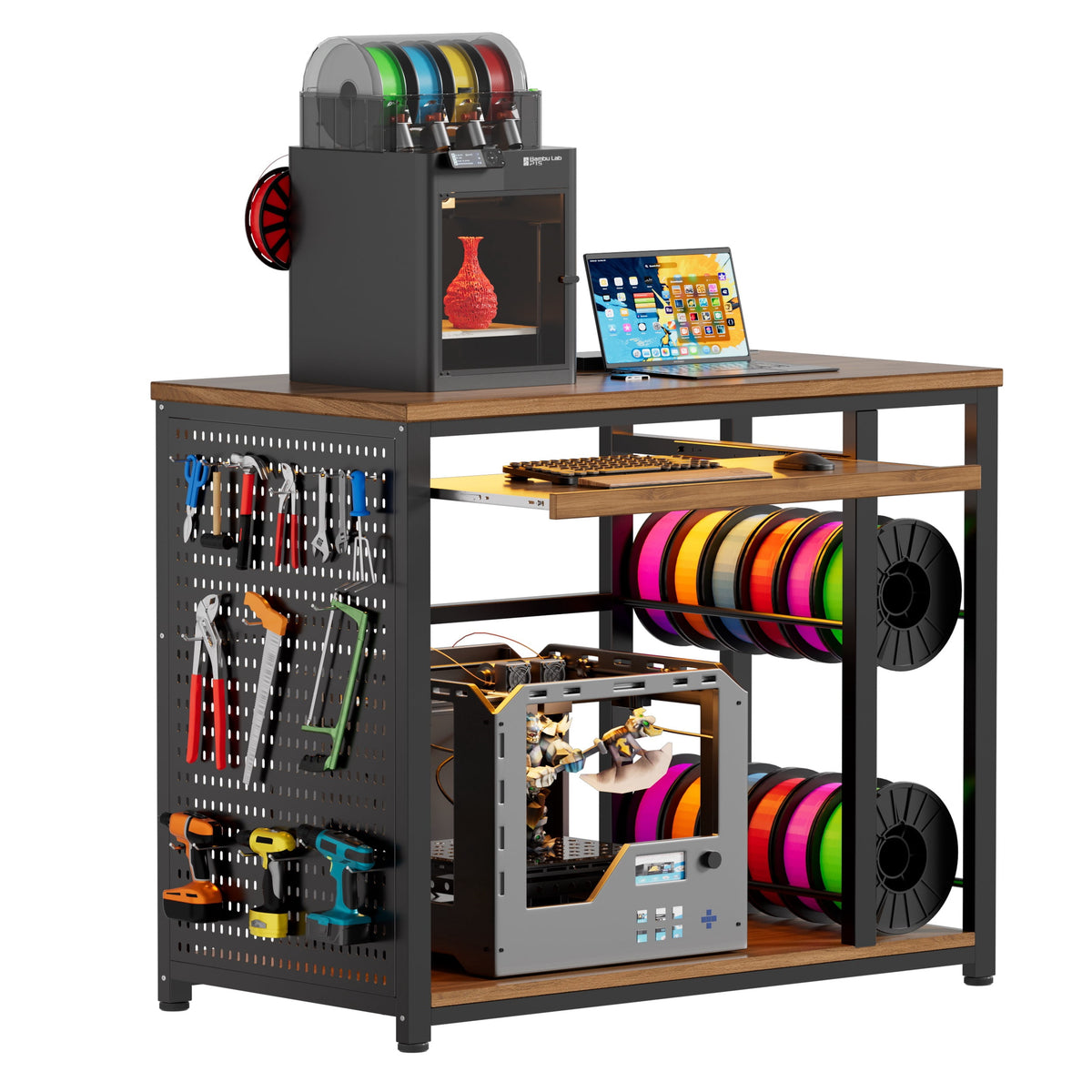 VOXIVEE 3D Printer Stand with Filament Storage Rack,Pegboard,Keyboard Tray