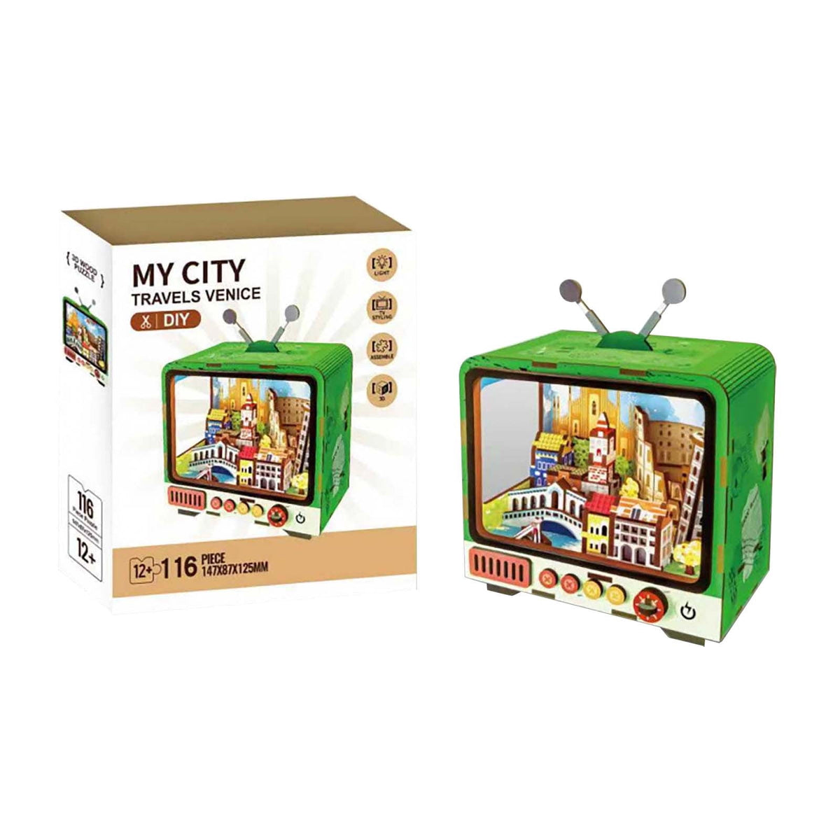 Yardvibe CityVision 3D Wooden Building Puzzle, TV-Shaped 3D Wooden Puzzle with LED Lights & Street View Inside, DIY Craft Model Kit for Adults, Elegant Home Decor & Creative Gift (Japan)