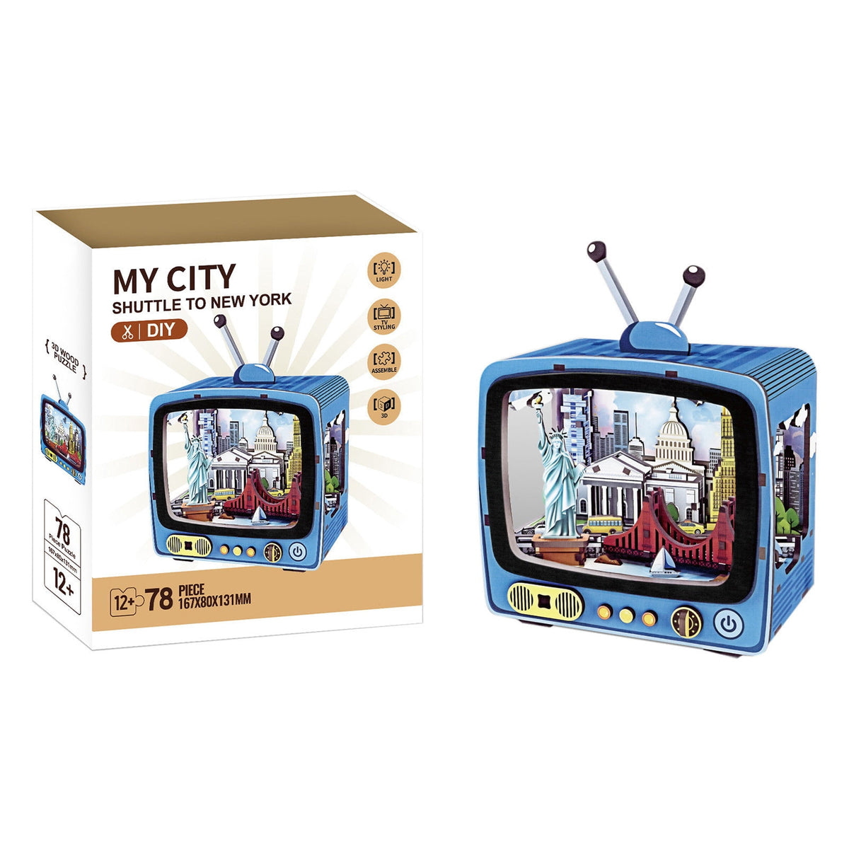 Yardvibe CityVision 3D Wooden Building Puzzle, TV-Shaped 3D Wooden Puzzle with LED Lights & Street View Inside, DIY Craft Model Kit for Adults, Elegant Home Decor & Creative Gift (New York)
