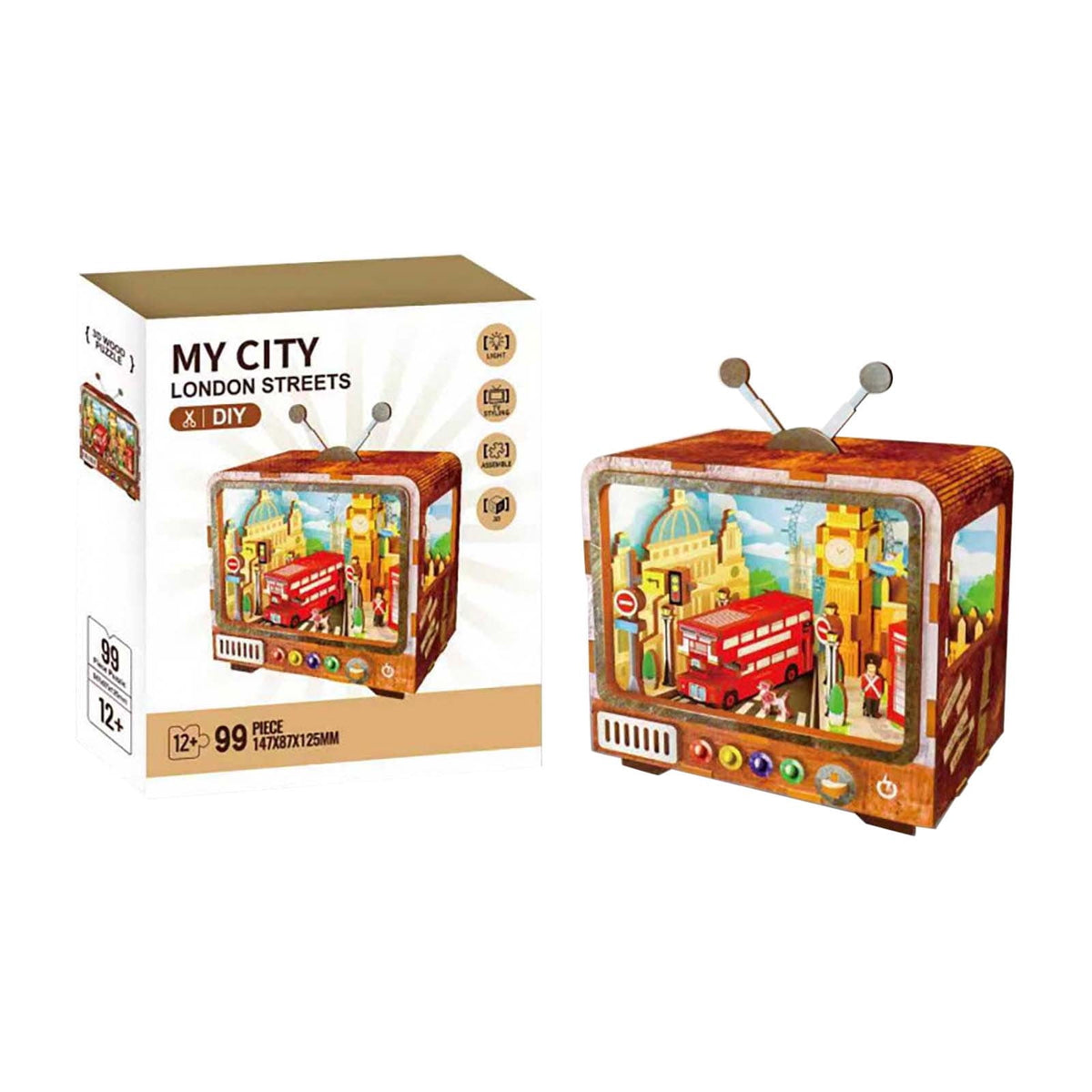 Yardvibe CityVision 3D Wooden Building Puzzle, TV-Shaped 3D Wooden Puzzle with LED Lights & Street View Inside, DIY Craft Model Kit for Adults, Elegant Home Decor & Creative Gift (Japan)
